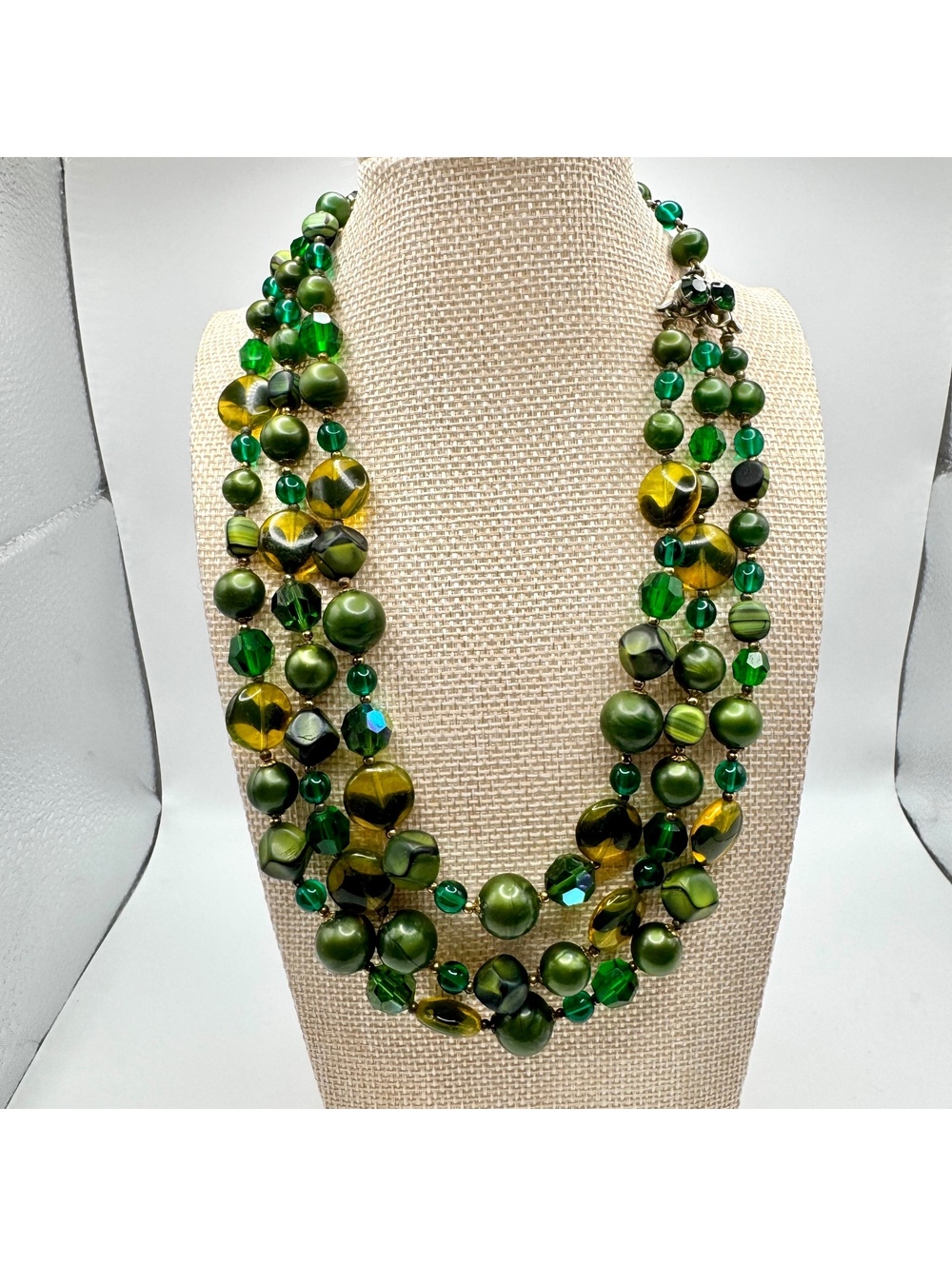 Vintage Regency Jewels Green and Yellow Three-Strand Beaded Necklace